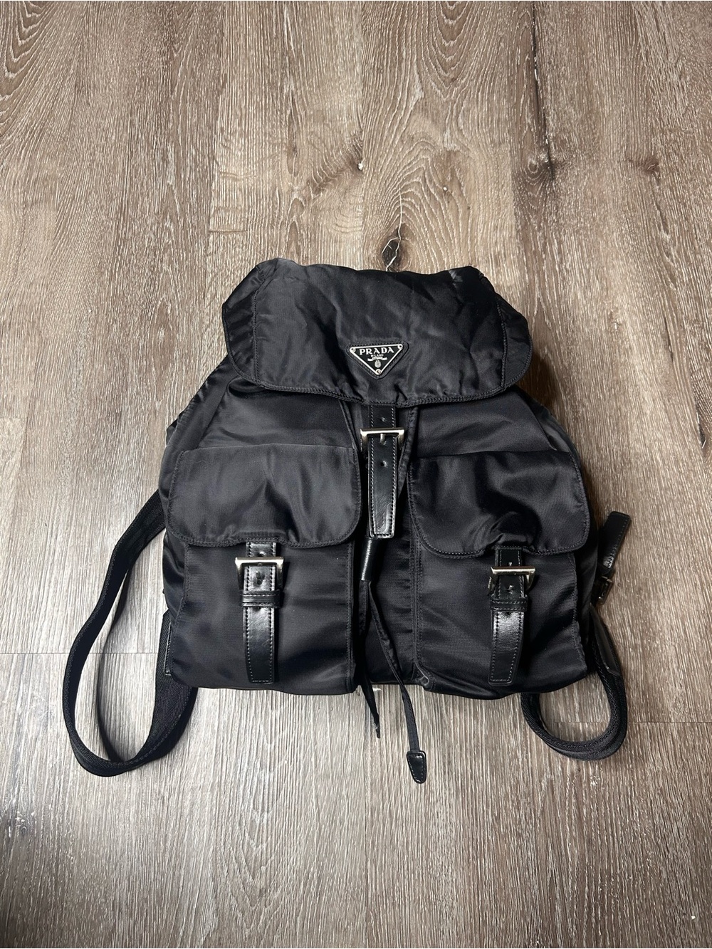 Prada Black Nylon Backpack with Front Pockets